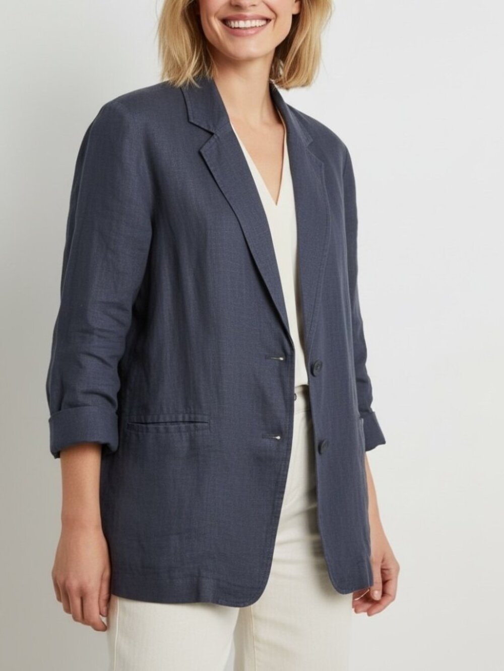 Eileen Fisher Blue Organic Linen Relaxed Blazer Jacket Minimalist XS